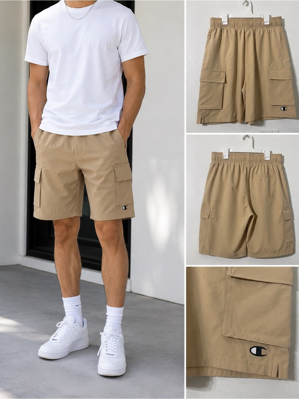 NWT Champion Men’s Performance Cargo Shorts Tan Athletic Utility Shorts Size S‎
